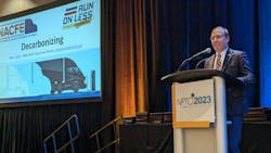 Mike Roeth, executive director of the North American Council for Freight Efficiency, gives the keynote address at NPTC 2023 in Orlando, Florida. During NPTC 2024, the National Private Truck Council formalized an alliance with NACFE. Mike Roeth, executive director of the North American Council for Freight Efficiency, gives the keynote address at NPTC 2023 in Orlando, Florida. During NPTC 2024, the National Private Truck Council formalized an alliance with NACFE.