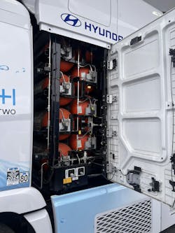 The Hyundai Xcient is capable of holding 68 kg of hydrogen. The Hyundai Xcient is capable of holding 68 kg of hydrogen.