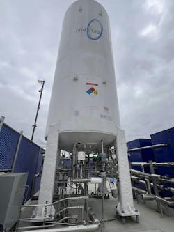 The entire cryopump system takes up less space. A cryopump can deliver a higher capacity of hydrogen while taking up about 1/30th of the space needed for a compressor. Pictured here is on-site hydrogen storage that allows more hydrogen to be stored at a station in a smaller footprint. The entire cryopump system takes up less space. A cryopump can deliver a higher capacity of hydrogen while taking up about 1/30th of the space needed for a compressor. Pictured here is on-site hydrogen storage that allows more hydrogen to be stored at a station in a smaller footprint.