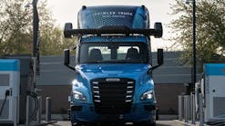 Daimler Truck North America&apos;s autonomous Freightliner eCascadia demonstrator truck.
