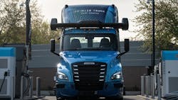 Daimler Truck North America's autonomous Freightliner eCascadia demonstrator truck. Daimler Truck North America's autonomous Freightliner eCascadia demonstrator truck.