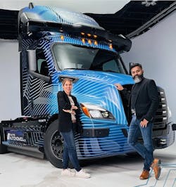 Joanna Buttler, Daimler Truck&rsquo;s head of global autonomous technology, left, and Suman Narayanan, Daimler Truck North America&rsquo;s chief vehicle engineer for autonomous driving, with the autonomous eCascadia.