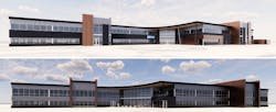 Renderings of the entry side of the building (top) and parkland side of the building (bottom).