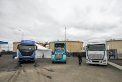 Some OEMs are developing hydrogen fuel cell vehicles, others are relying on hydrogen internal combustion engines, and some OEMs are focused on both FCEV and ICE hydrogen systems. Pictured from left to right is the Nikola Tre-FCEV, a Kenworth with Cummins hydrogen ICE engine, and the Hyundai Xcient FCEV.