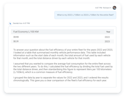 Fleet managers can ask Ace for various data points or analysis. Fleet managers can ask Ace for various data points or analysis.