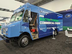 Blue Bird debuted its medium-duty electric step van, which it built with partners Morgan Olson and Xos, during ACT Expo 2024. Blue Bird debuted its medium-duty electric step van, which it built with partners Morgan Olson and Xos, during ACT Expo 2024.