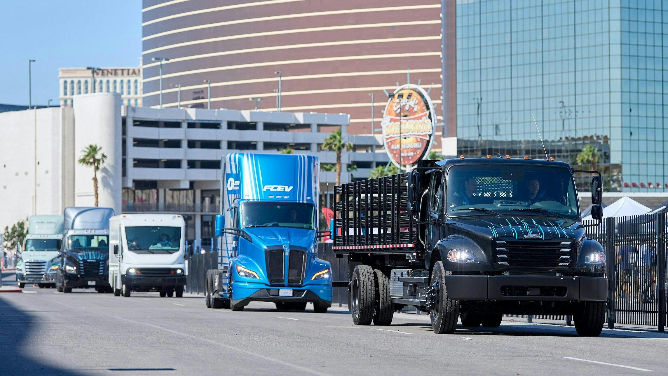 Zero-emission trucks roll through Las Vegas as ACT Expo 2024 begins.