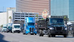 Zero-emission trucks roll through Las Vegas as ACT Expo 2024 begins. Zero-emission trucks roll through Las Vegas as ACT Expo 2024 begins.