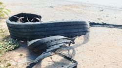A tire tread on the side of the highway after a summer blowout. When temperatures rise, trucks can face more tire problems on U.S. highways. A tire tread on the side of the highway after a summer blowout. When temperatures rise, trucks can face more tire problems on U.S. highways.