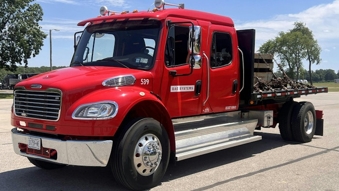 The collaboration powers a modified 2018 Freightliner M2 crew cab. The vehicle was stripped of its ICE powertrain and was replaced with an electric BAE Systems’ propulsion solution and an Eaton MD 4-speed EV transmission.