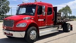 The collaboration powers a modified 2018 Freightliner M2 crew cab. The vehicle was stripped of its ICE powertrain and was replaced with an electric BAE Systems’ propulsion solution and an Eaton MD 4-speed EV transmission. The collaboration powers a modified 2018 Freightliner M2 crew cab. The vehicle was stripped of its ICE powertrain and was replaced with an electric BAE Systems’ propulsion solution and an Eaton MD 4-speed EV transmission.