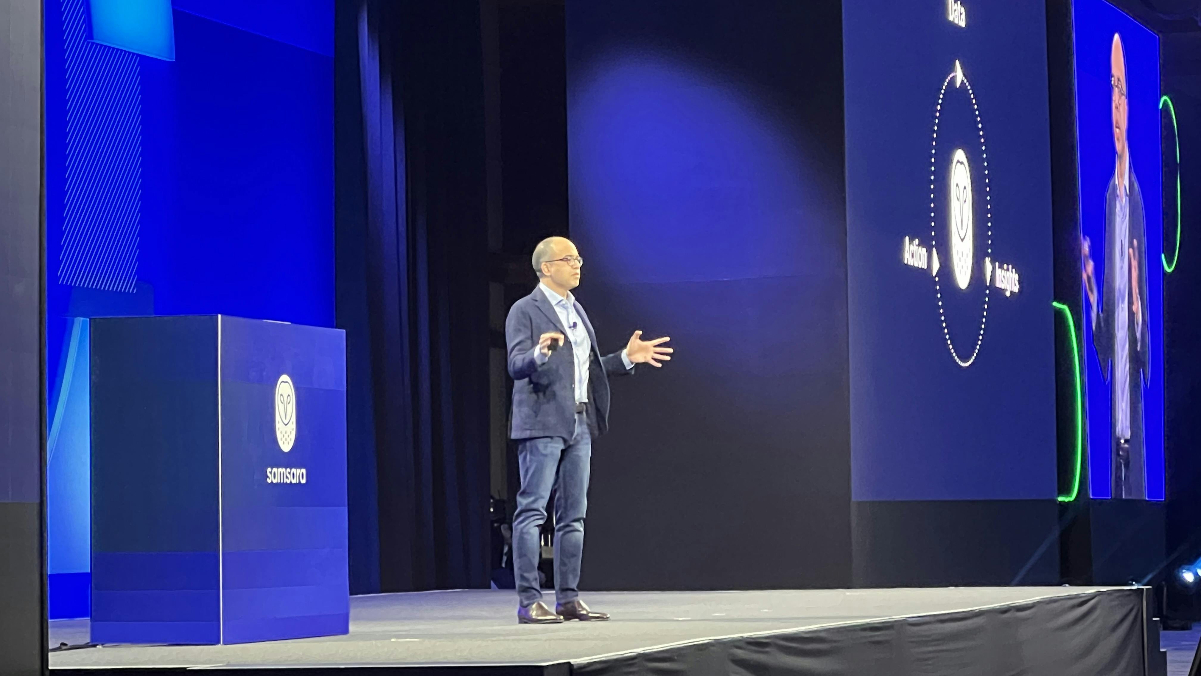 Samsara cofounder and CEO Sanjit Biswas addresses a group of more than 2,000 Samsara Beyond user conference attendees