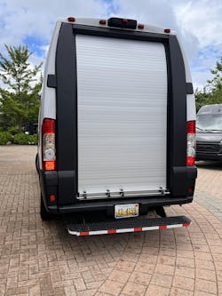 The ProMaster EV also comes equipped with a roll-up door in the rear and a standard step across the back of the van for easy access to packages. The ProMaster EV also comes equipped with a roll-up door in the rear and a standard step across the back of the van for easy access to packages.
