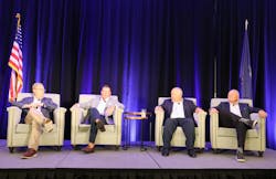 From left to right are Thom Albrecht, CRO at Reliance Partners; Jim Richards, president and CEO of KLLM Transport; Ken Johnson, Leonard’s Express executive chairman; and Pete Hill, president of Hill Brothers. From left to right are Thom Albrecht, CRO at Reliance Partners; Jim Richards, president and CEO of KLLM Transport; Ken Johnson, Leonard’s Express executive chairman; and Pete Hill, president of Hill Brothers.