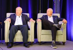 Ken Johnson, at left, and Pete Hill examine the economic outlook for refrigerated carriers during TCA’s 2024 Refrigerated Meeting. Ken Johnson, at left, and Pete Hill examine the economic outlook for refrigerated carriers during TCA’s 2024 Refrigerated Meeting.