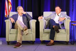 Thom Albrecht, at left, and Jim Richards discuss their economic outlook for refrigerated carriers during TCA’s 2024 Refrigerated Meeting. Thom Albrecht, at left, and Jim Richards discuss their economic outlook for refrigerated carriers during TCA’s 2024 Refrigerated Meeting.
