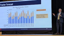Kenny Vieth, senior analyst and president of ACT Research, goes over the North American Class 8 tractor forecast during his company's seminar on trucking industry markets held in Columbus, Indiana, on August 22, 2024. Kenny Vieth, senior analyst and president of ACT Research, goes over the North American Class 8 tractor forecast during his company's seminar on trucking industry markets held in Columbus, Indiana, on August 22, 2024.