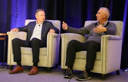 Dave Williams, Knight-Swift Transportation senior vice president of equipment and government affairs, at left; and Ron Hall, CR England VP of equipment and fuel, discuss evolving reefer technologies during TCA's 2024 Refrigerated Meeting in Stowe, Vermont. Dave Williams, Knight-Swift Transportation senior vice president of equipment and government affairs, at left; and Ron Hall, CR England VP of equipment and fuel, discuss evolving reefer technologies during TCA's 2024 Refrigerated Meeting in Stowe, Vermont.