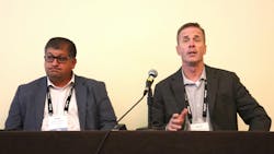 Deen Albert, Grand Island Express vice president of operations, at left; and Dean Gobrecht, Orbcomm sales engineer, discuss refrigerated operations during the Truckload Carriers Association's 2024 Refrigerated Meeting in Stowe, Vermont. Deen Albert, Grand Island Express vice president of operations, at left; and Dean Gobrecht, Orbcomm sales engineer, discuss refrigerated operations during the Truckload Carriers Association's 2024 Refrigerated Meeting in Stowe, Vermont.