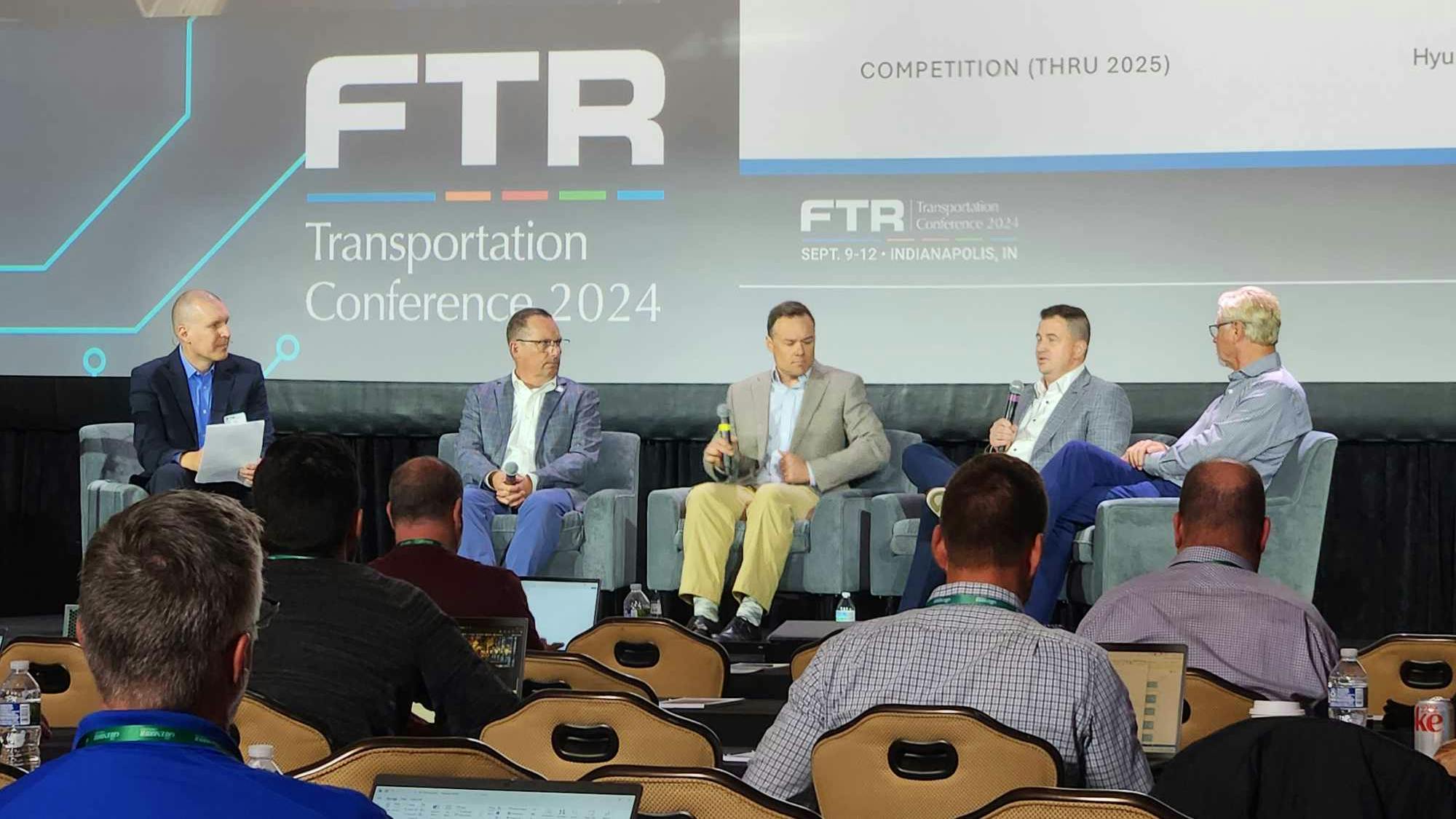 At the first day of the 2024 FTR Conference, industry experts shared their thoughts on the state of zero-emission vehicles in the freight sector. Left to right: Dan Moyer, senior analyst of commercial vehicles for FTR Transportation Intelligence; Mike Roeth, executive director of NACFE, Brett Wilson, director of partnerships for EVs and advanced vehicle technology at Ryder System; Ryan Clayton, global head of sales for Nikola Corporation; and Greer Woodruff, SVP of safety, sustainability, and maintenance for J.B. Hunt.
