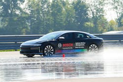 Bosch Mobility took steer-by-wire a few steps further, adding its “Vehicle Motion Management” technology to a Lucid Air with steer-by-wire technology. In the demo, media attendees were asked to perform a hard brake on a wet course and perform multiple swerving steering motions. Bosch Mobility took steer-by-wire a few steps further, adding its “Vehicle Motion Management” technology to a Lucid Air with steer-by-wire technology. In the demo, media attendees were asked to perform a hard brake on a wet course and perform multiple swerving steering motions.