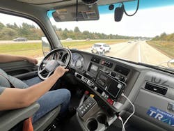 The driver never touched the brake or the accelerator pedals after turning to merge onto the interstate. The driver didn’t even have to accelerate on the ramp, as the system was already aware of the truck's location and the speed limit of the highway and adjusted the throttle accordingly. The driver never touched the brake or the accelerator pedals after turning to merge onto the interstate. The driver didn’t even have to accelerate on the ramp, as the system was already aware of the truck's location and the speed limit of the highway and adjusted the throttle accordingly.