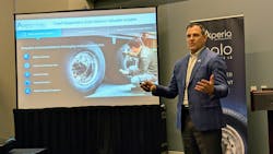 Ralph Dimenna, CCO at Aperia Technologies, explains how the new tread diagnostics suite and Halo Connect i3 can provide fleets tire insights and cost savings during a press conference at American Trucking Associations' Management Conference & Exhibition. Ralph Dimenna, CCO at Aperia Technologies, explains how the new tread diagnostics suite and Halo Connect i3 can provide fleets tire insights and cost savings during a press conference at American Trucking Associations' Management Conference & Exhibition.