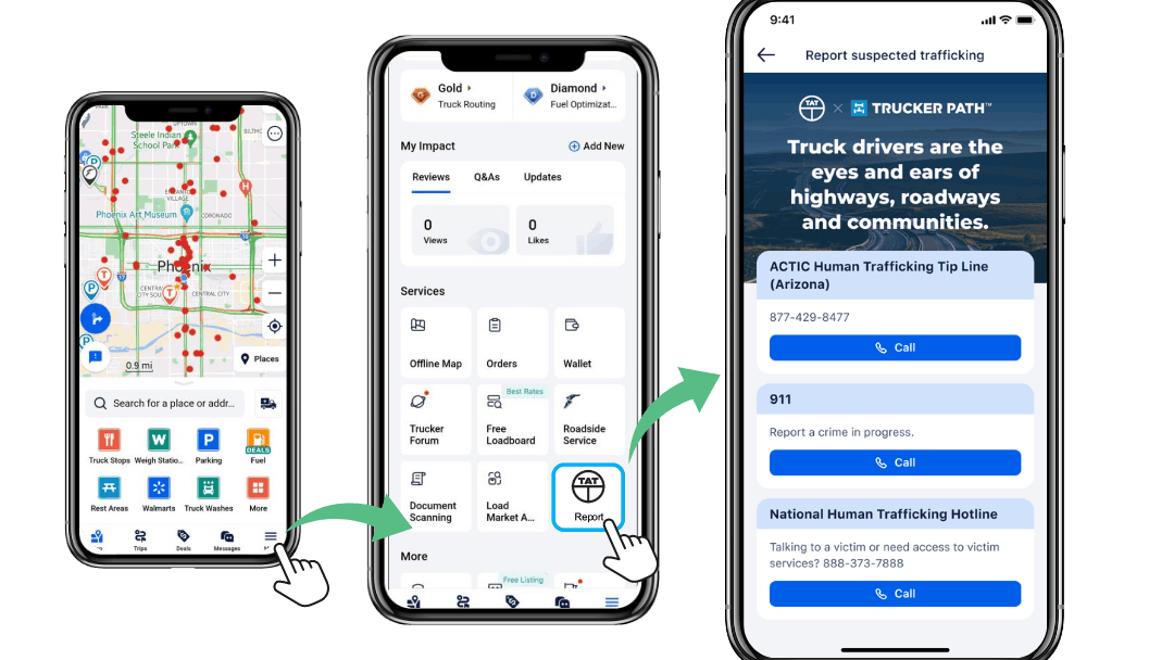 The Trucker Path app now includes a tile with information on how to report human trafficking and a brief explanation of the mission.