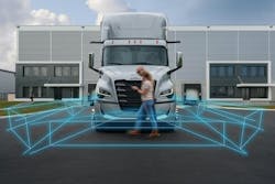 The fifth generation Cascadia features Detroit Assurance Front Guard Alert, which can detect people and objects in front of the truck that a driver might overlook. The fifth generation Cascadia features Detroit Assurance Front Guard Alert, which can detect people and objects in front of the truck that a driver might overlook.