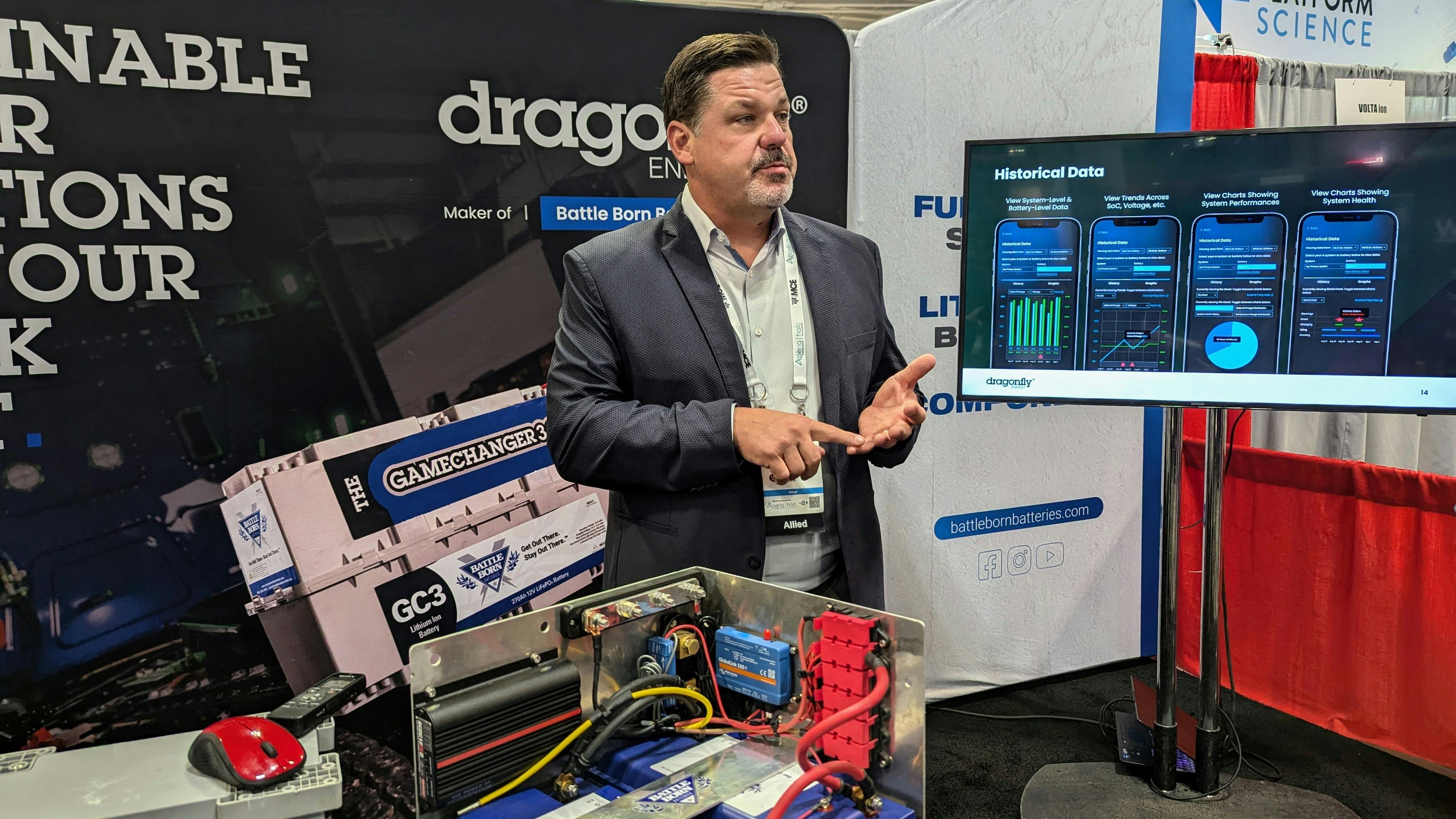 Wade Seaburg, chief revenue officer of Dragonfly Energy, explained how the Dragonfly IntelLigence technology works during a press conference at the American Trucking Associations&rsquo; 2024 Management Conference & Exhibition in Nashville, Tennessee.
