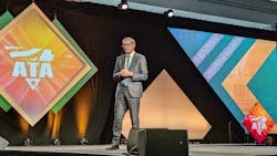 Chris Spear, president and CEO of American Trucking Associations, gives his State of the Industry address at ATA's 2024 management conference in Nashville, Tennessee. Chris Spear, president and CEO of American Trucking Associations, gives his State of the Industry address at ATA's 2024 management conference in Nashville, Tennessee.