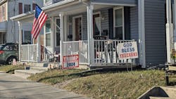Trump supporter yard signs say God bless truckers in Littlestown, Pennsylvania. Trump supporter yard signs say God bless truckers in Littlestown, Pennsylvania.