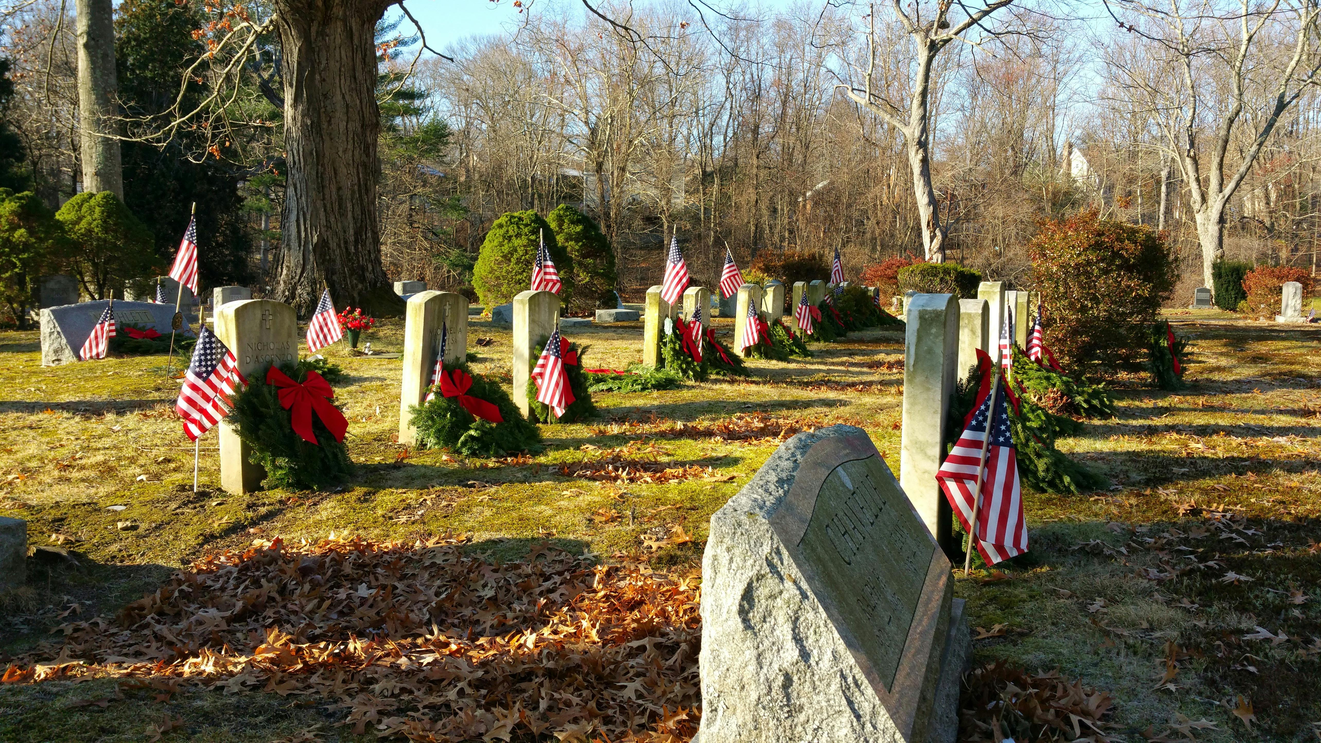 Wreaths placed at the graves of Civil War and World War I veterans buried in Lakeview Cemetery in New Canaan, Connecticut, in 2014.