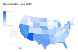 The graph above shows the states with the most distractions per 1,000 miles driven. As shown, states in the southern half of the nation and those with the highest population feature the most distracted events. The graph above shows the states with the most distractions per 1,000 miles driven. As shown, states in the southern half of the nation and those with the highest population feature the most distracted events.
