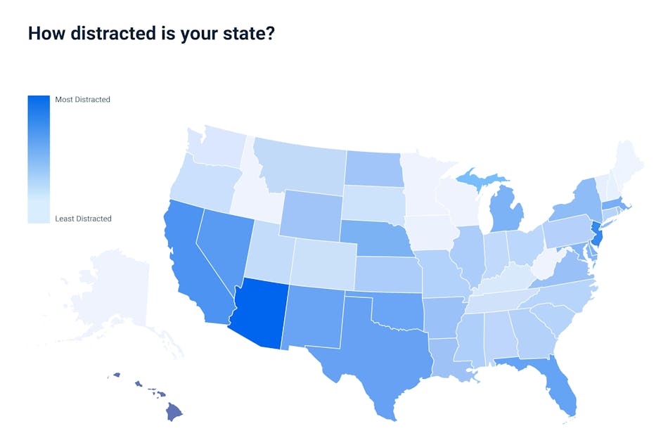 The graph above shows the states with the most distractions per 1,000 miles driven. As shown, states in the southern half of the nation and those with the highest population feature the most distracted events. The graph above shows the states with the most distractions per 1,000 miles driven. As shown, states in the southern half of the nation and those with the highest population feature the most distracted events.