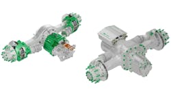 The 14Xe (left) has a continuous power range of 130 to 230 kW, a peak power of up to 290 kW, a voltage rating between 450 and 850 volts, and a GAWR of 13,600 to 26,000 lb. per axle. The 17Xe (right) boasts a continuous power range of up to 430 kW, a peak torque of 1,475.2 lb.-ft., and a GAWR of 30,000 lb. per axle. The 14Xe (left) has a continuous power range of 130 to 230 kW, a peak power of up to 290 kW, a voltage rating between 450 and 850 volts, and a GAWR of 13,600 to 26,000 lb. per axle. The 17Xe (right) boasts a continuous power range of up to 430 kW, a peak torque of 1,475.2 lb.-ft., and a GAWR of 30,000 lb. per axle.