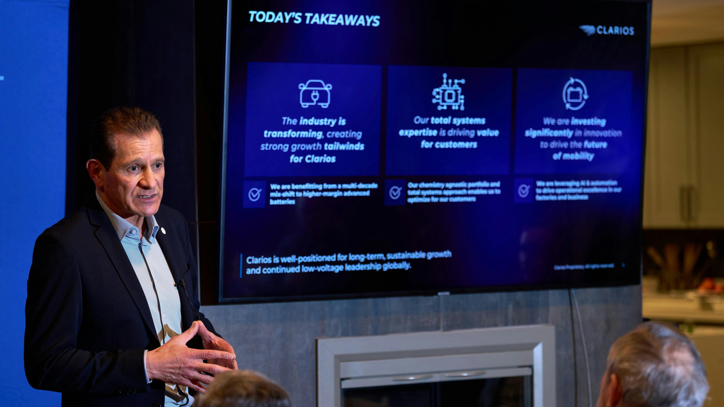Federico Morales-Zimmermann, Clarios VP and GM of global OEM customers, products, and engineering, addresses the House of Journalists on Sunday, January 5, in Las Vegas, Nevada.