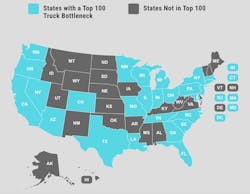 Texas has the most severe congestion zones for trucking of any state, according to ATRI's 2025 report. Texas has 12 of the top 100 bottlenecks, mostly around Houston. Atlanta has the second most, with nine of the top bottlenecks, mostly around Atlanta. Texas has the most severe congestion zones for trucking of any state, according to ATRI's 2025 report. Texas has 12 of the top 100 bottlenecks, mostly around Houston. Atlanta has the second most, with nine of the top bottlenecks, mostly around Atlanta.