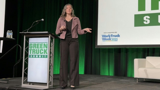 Ford's Chief Futurist Jen Brace address the audience at NTEA's Green Truck Summit in Indianapolis.