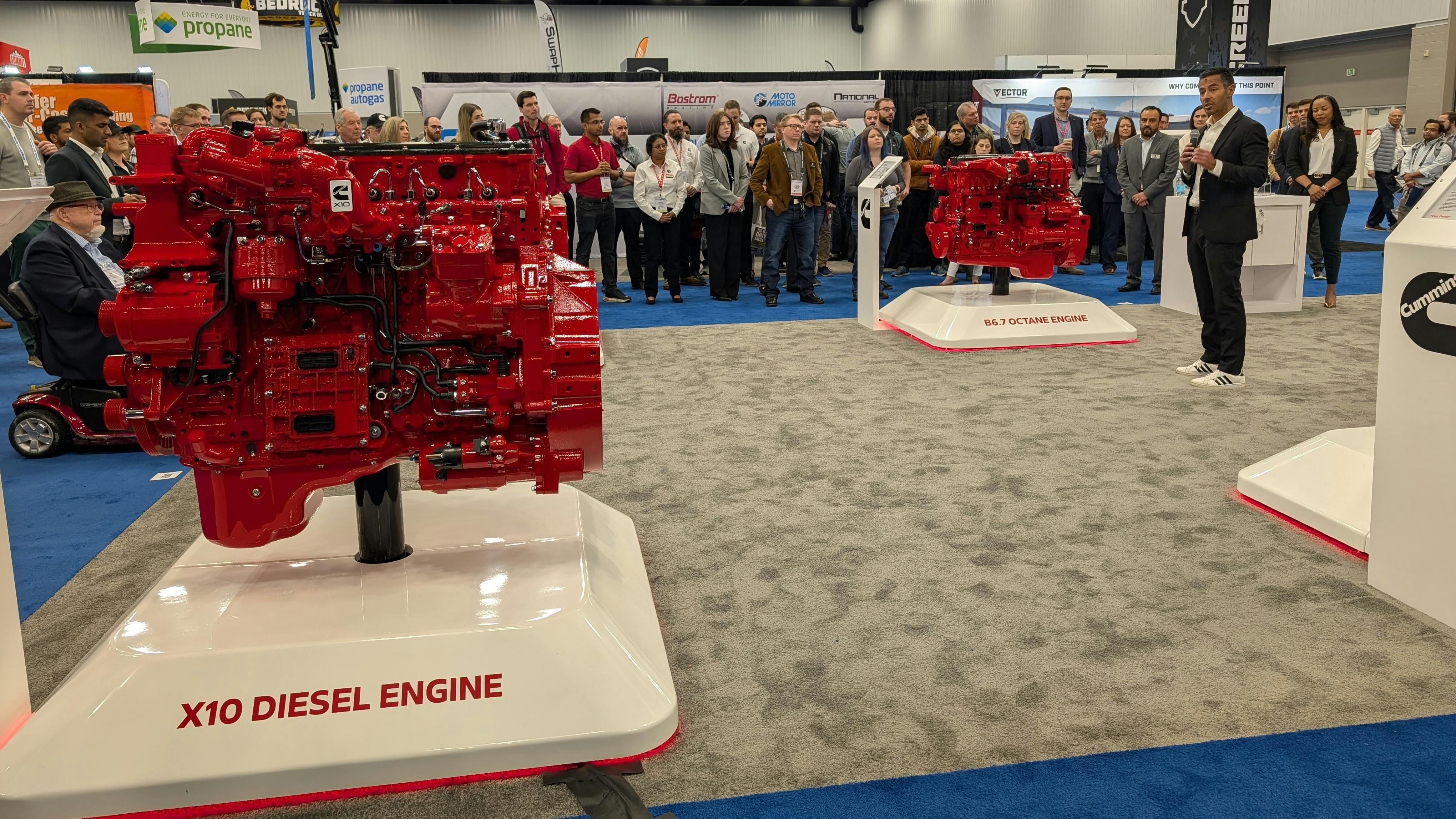 Jose Samperio, Cummins North America on-highway VP, speaks about Cummins' latest medium-duty engine offerings during NTEA's Work Truck Week 2025 at the Indiana Convention Center in Indianapolis.