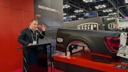 Brendan Church, Legend’s chief marketing officer, details how the BedBoss protects and secures half-ton pickup truck beds, during NTEA's Work Truck Week in Indianapolis on March 5, 2025. Brendan Church, Legend’s chief marketing officer, details how the BedBoss protects and secures half-ton pickup truck beds, during NTEA's Work Truck Week in Indianapolis on March 5, 2025.