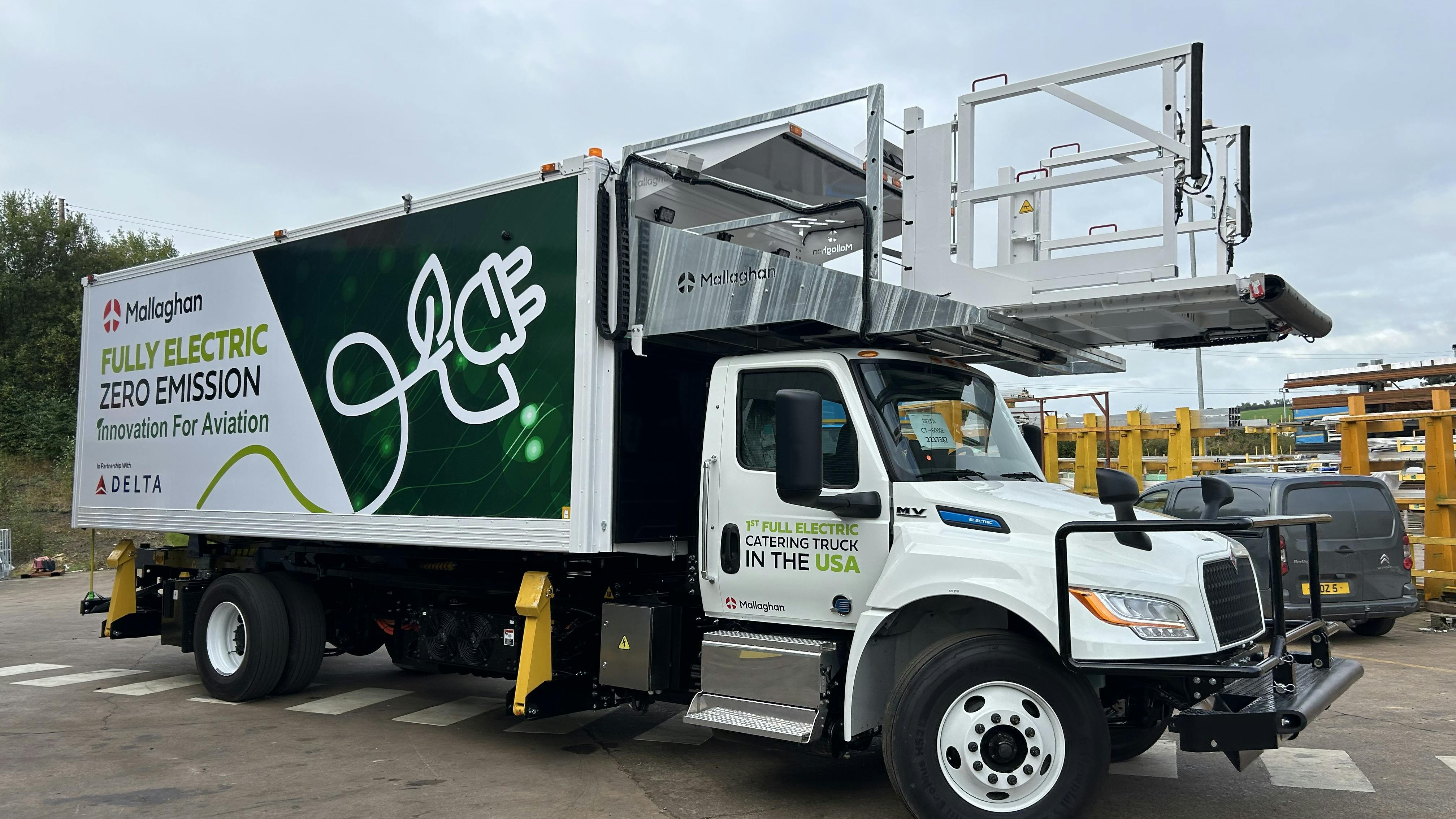 This International eMV truck was upfitted by Mallaghan to serve Delta Air Lines' Boston Logan International Airport operations. It is the first fully electric airport catering truck in North America, according to International.