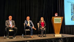 Curt Studebaker, International product strategy director, left, shares insights into the engineering behind Delta's eMV catering truck during the Work Truck Week's Green Truck Summit in Indianapolis on March 4, 2025, The panel also included Mallaghan CCO Joe Griffith; Helen Farr, Delta’s ground service equipment fleet strategy manager; and Debbie Shust, International VP of customer insights and experience. Curt Studebaker, International product strategy director, left, shares insights into the engineering behind Delta's eMV catering truck during the Work Truck Week's Green Truck Summit in Indianapolis on March 4, 2025, The panel also included Mallaghan CCO Joe Griffith; Helen Farr, Delta’s ground service equipment fleet strategy manager; and Debbie Shust, International VP of customer insights and experience.