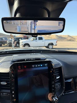 Available split camera views of either side of the camper are displayed on the rear-view mirror. Available split camera views of either side of the camper are displayed on the rear-view mirror.