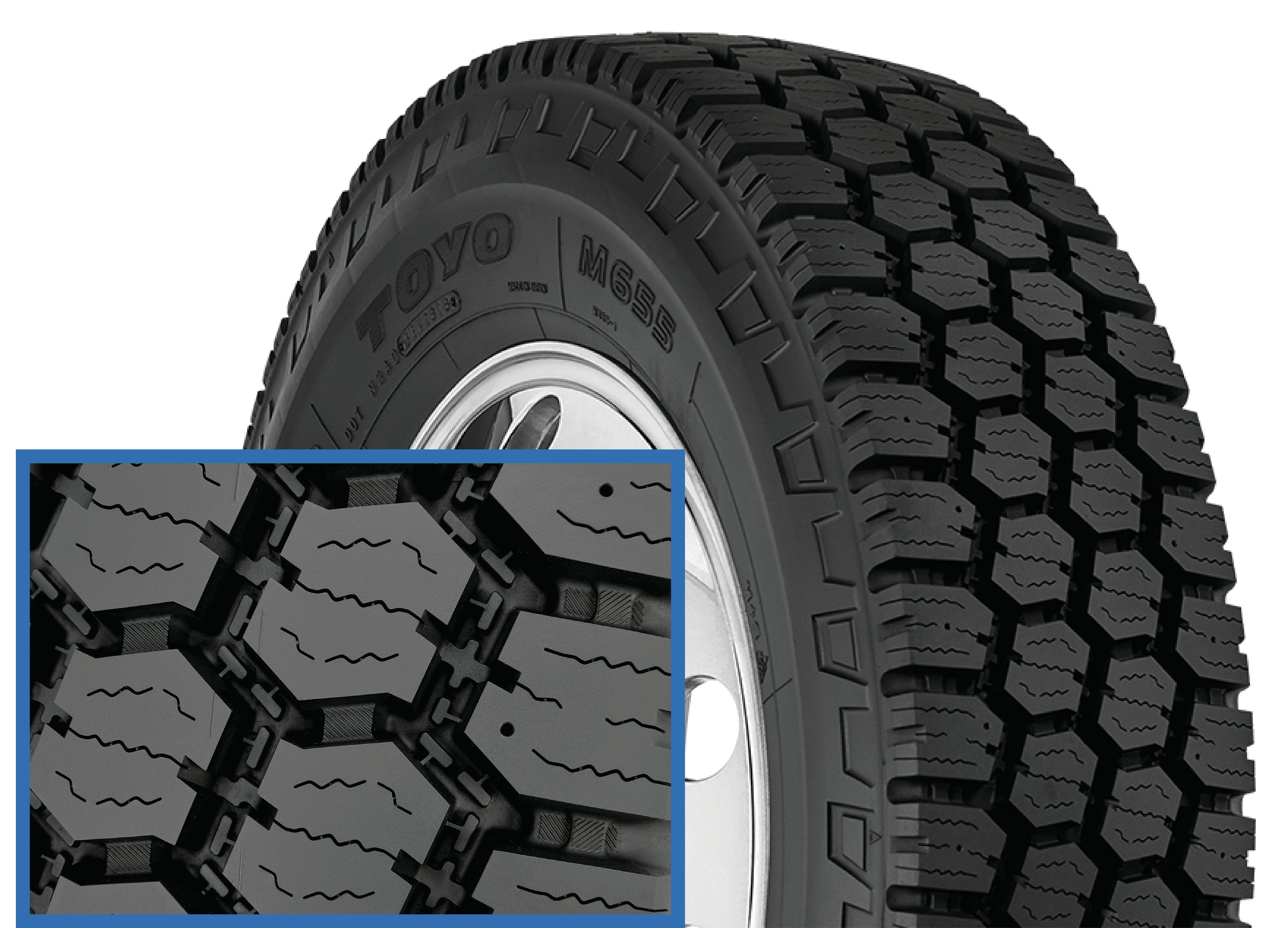 The M655 is an all-weather, on-/off-road tire with construction for local and regional operations.