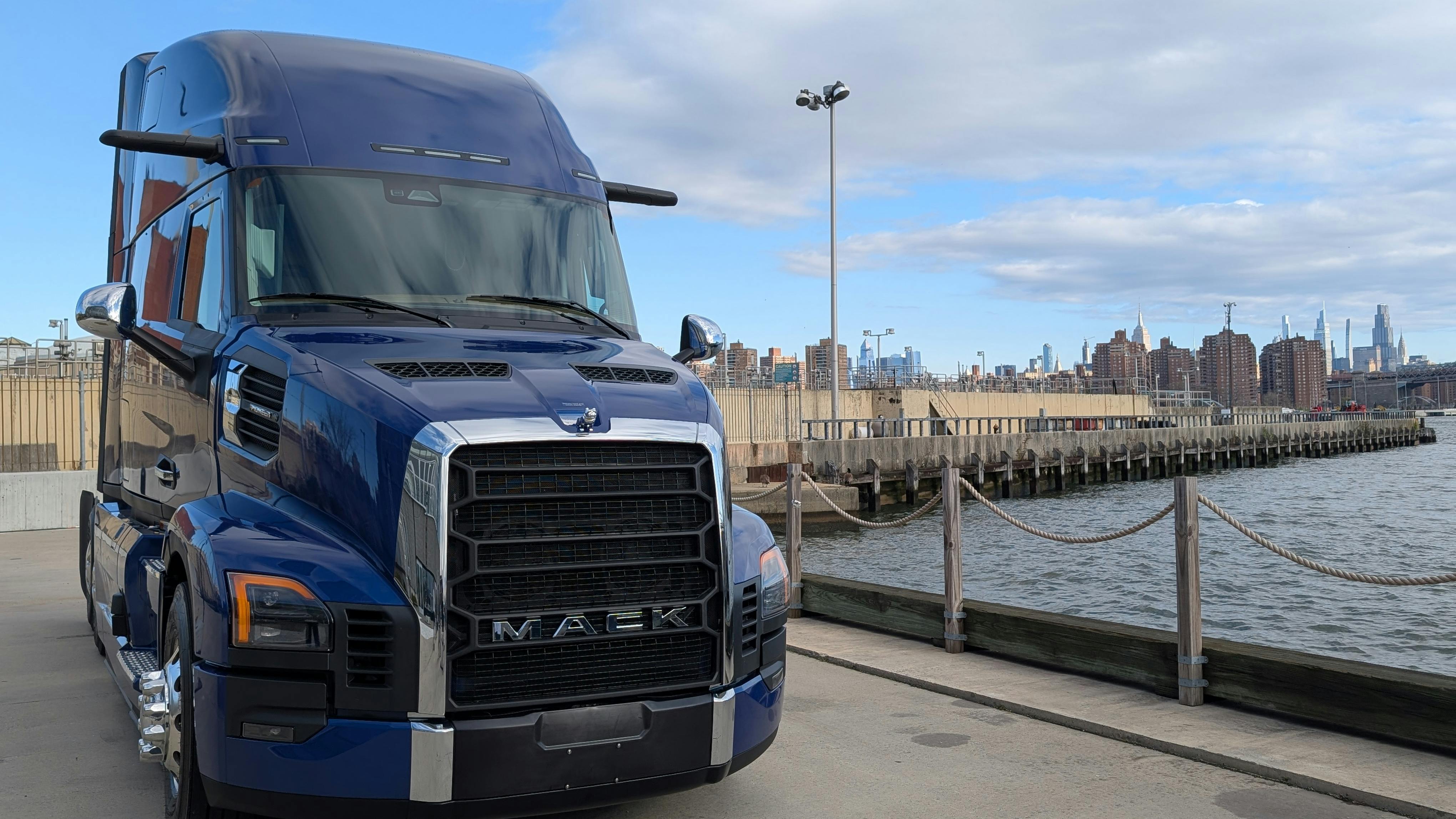 The new Mack Pioneer sits at the Brooklyn Navy Yard, across the East River from Manhattan.