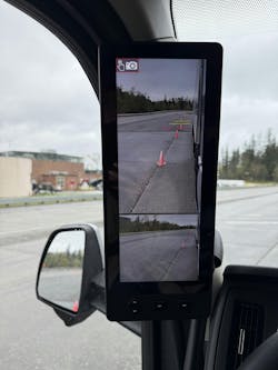 The T680E featured digital vision mirrors, which are large, side mirror-shaped monitors within the cab that display camera views that are the equivalent of traditional side mirrors. The T680E featured digital vision mirrors, which are large, side mirror-shaped monitors within the cab that display camera views that are the equivalent of traditional side mirrors.
