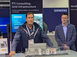 Alan White, global head of emerging transportation platforms at Siemens Smart Infrastructure, left, speaks during an ACT Expo media presentation on April 30, 2025. while Adam Orth, Siemens Mobility Services’ U.S. head of fleet, listens in. Alan White, global head of emerging transportation platforms at Siemens Smart Infrastructure, left, speaks during an ACT Expo media presentation on April 30, 2025. while Adam Orth, Siemens Mobility Services’ U.S. head of fleet, listens in.