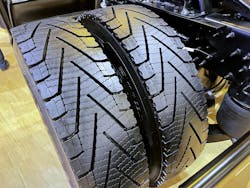 This eye-catching tire, Michelin’s X Line Grip D, is a radical departure from “traditional” drive tire tread designs. Love it or hate it, Michelin says it delivers big gains on every front. This eye-catching tire, Michelin’s X Line Grip D, is a radical departure from “traditional” drive tire tread designs. Love it or hate it, Michelin says it delivers big gains on every front.