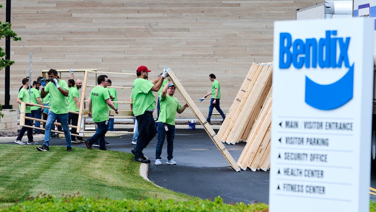 Over the course of the afternoon, employees constructed 140 wall frames&mdash;about 70 per house&mdash;and signed each one with messages of encouragement before the frames were delivered to a Cleveland-area neighborhood where the homes will be completed.